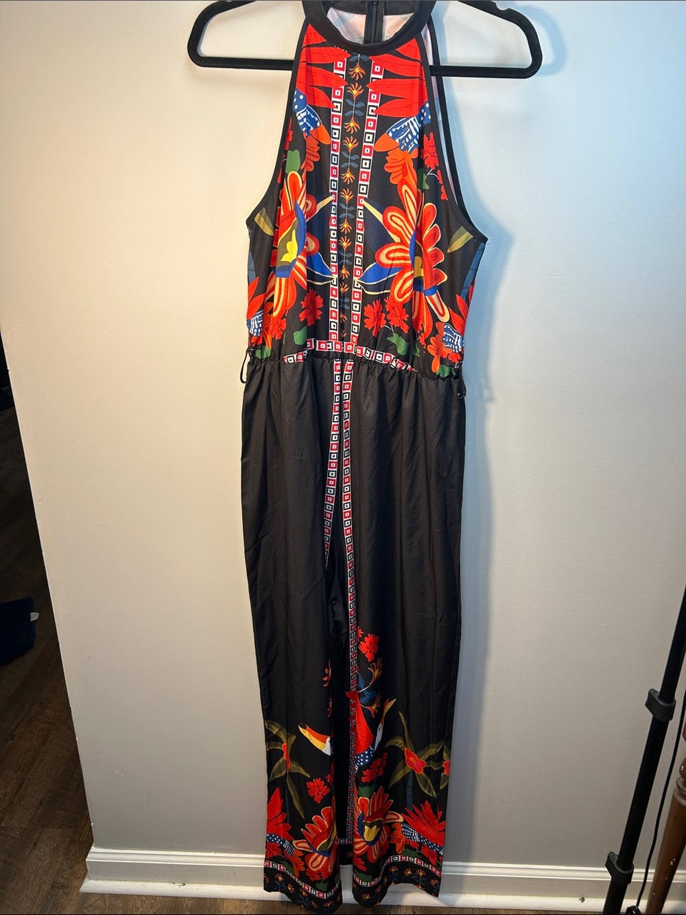 Halter Floral Print Jumpsuit in Black and Red